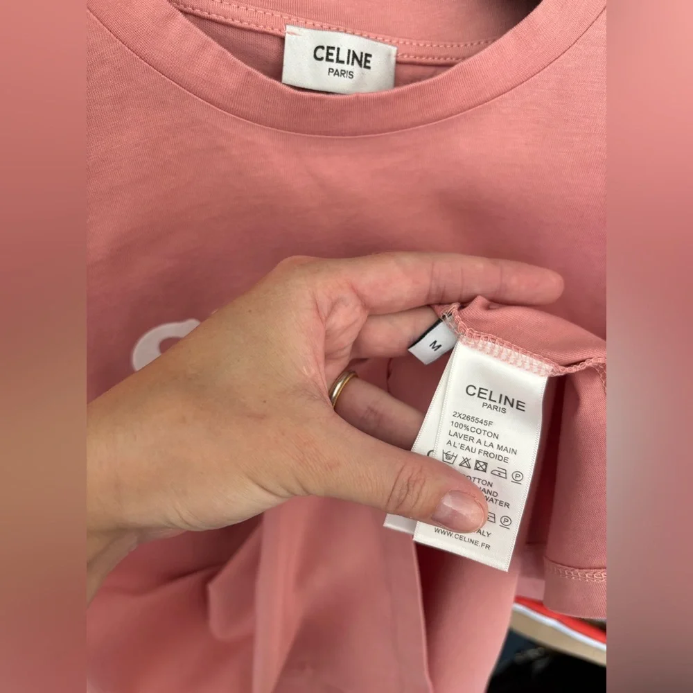 Celine Paris Logo Print Cotton T-Shirt Dust Pink Size Medium Scoop Neck Women’s - Picture 10 of 10